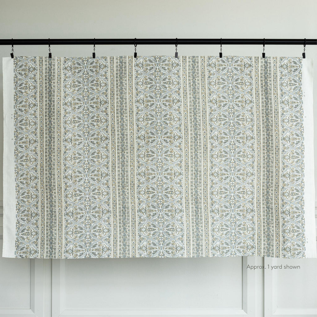 Lasha natural, a tan and blue grey ribbon tapestry block print fabric : one yard