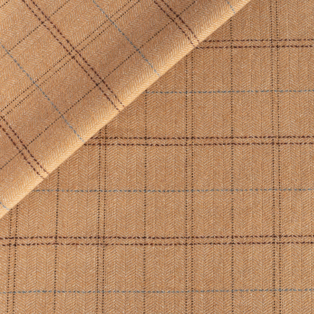 Lundie Plaid Camel, an earthy camel with fine brown and blue lines plaid pattern home decor fabric from Tonic Living