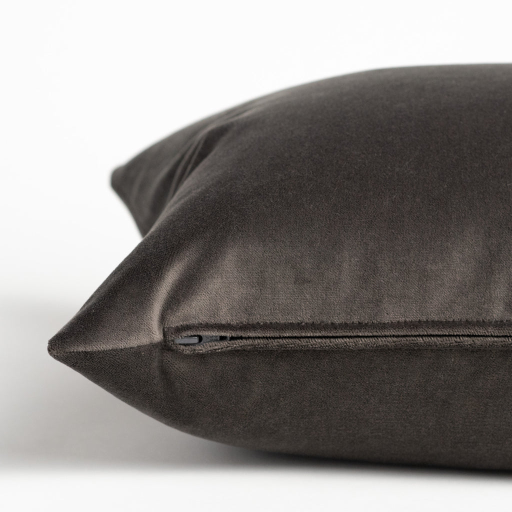 Mason Velvet Shale Lumbar, a deep grey velvet lumbar pillow : close up zipper view