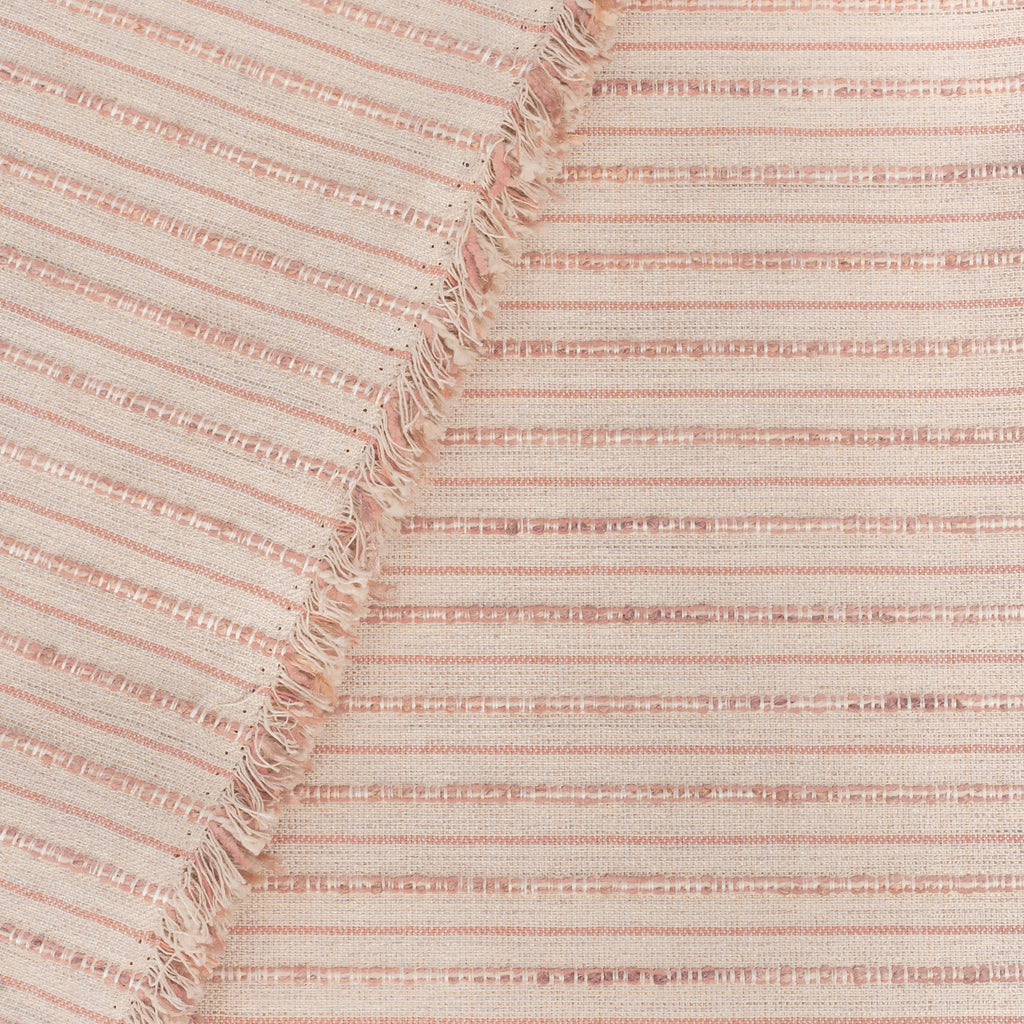 Misto Coral Blush, a light pink and light tan horizontal striped Crypton Home performance fabric : view with selvage edge 