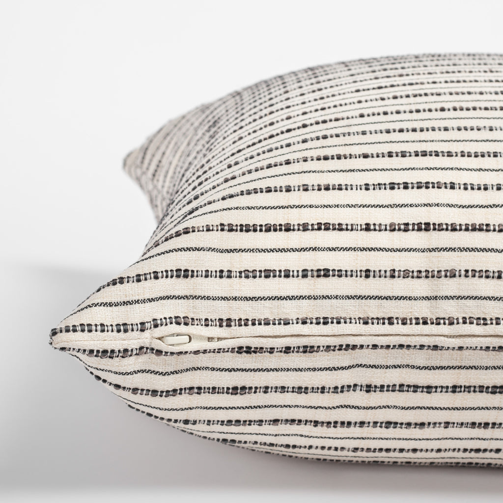 Misto Pillow Cream and Black, a cream and black textured stripe pillow : Close up zipper detail