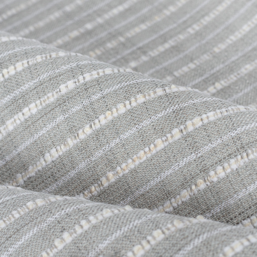 Misto Fog Grey, a cool grey and cream horizontal striped Crypton Home performance fabric : close up view