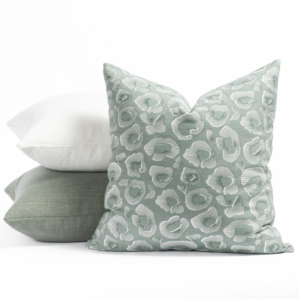watery blue jade green and white decorative throw pillow combination