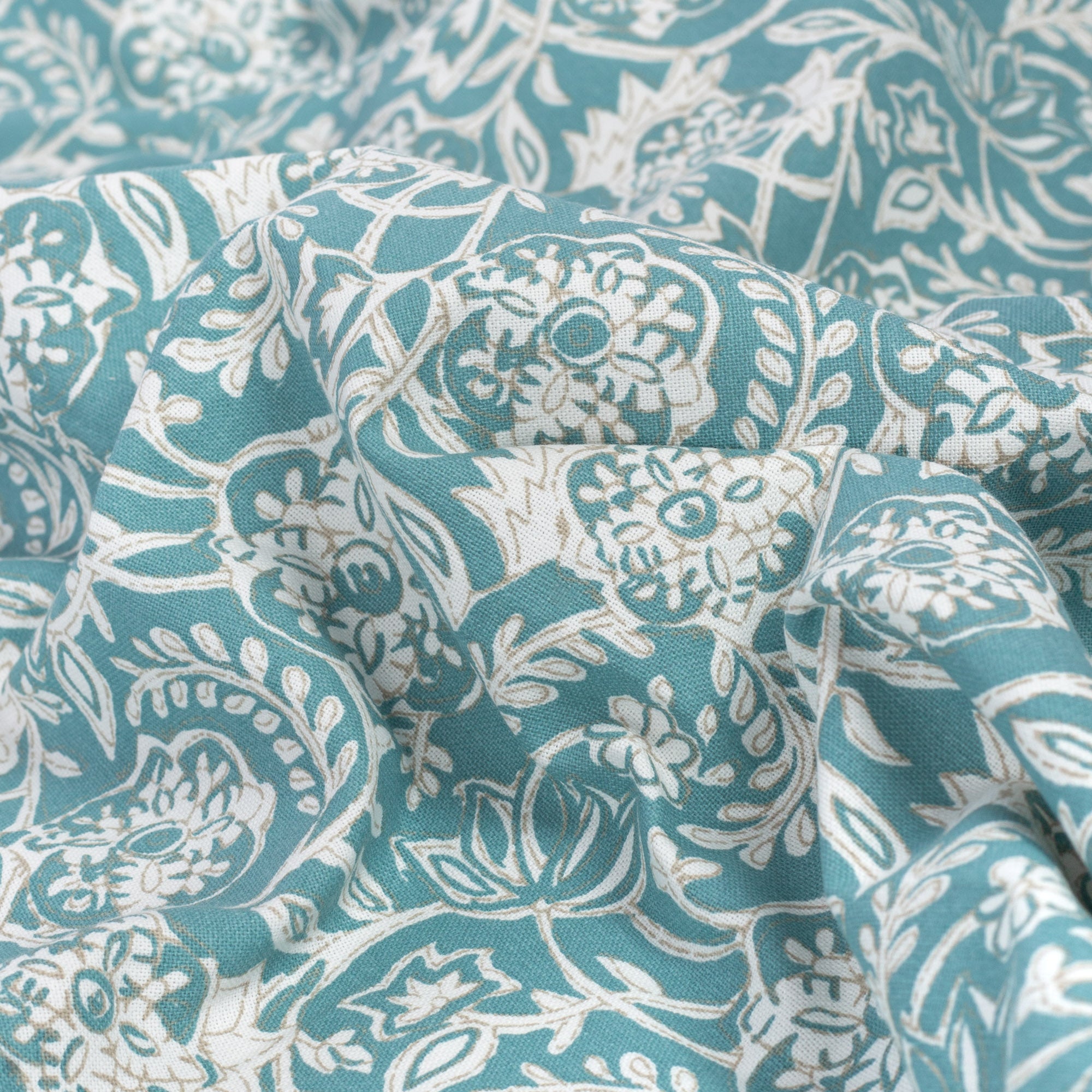 Padma Aqua, a tapestry block print pattern cotton fabric : detailed view