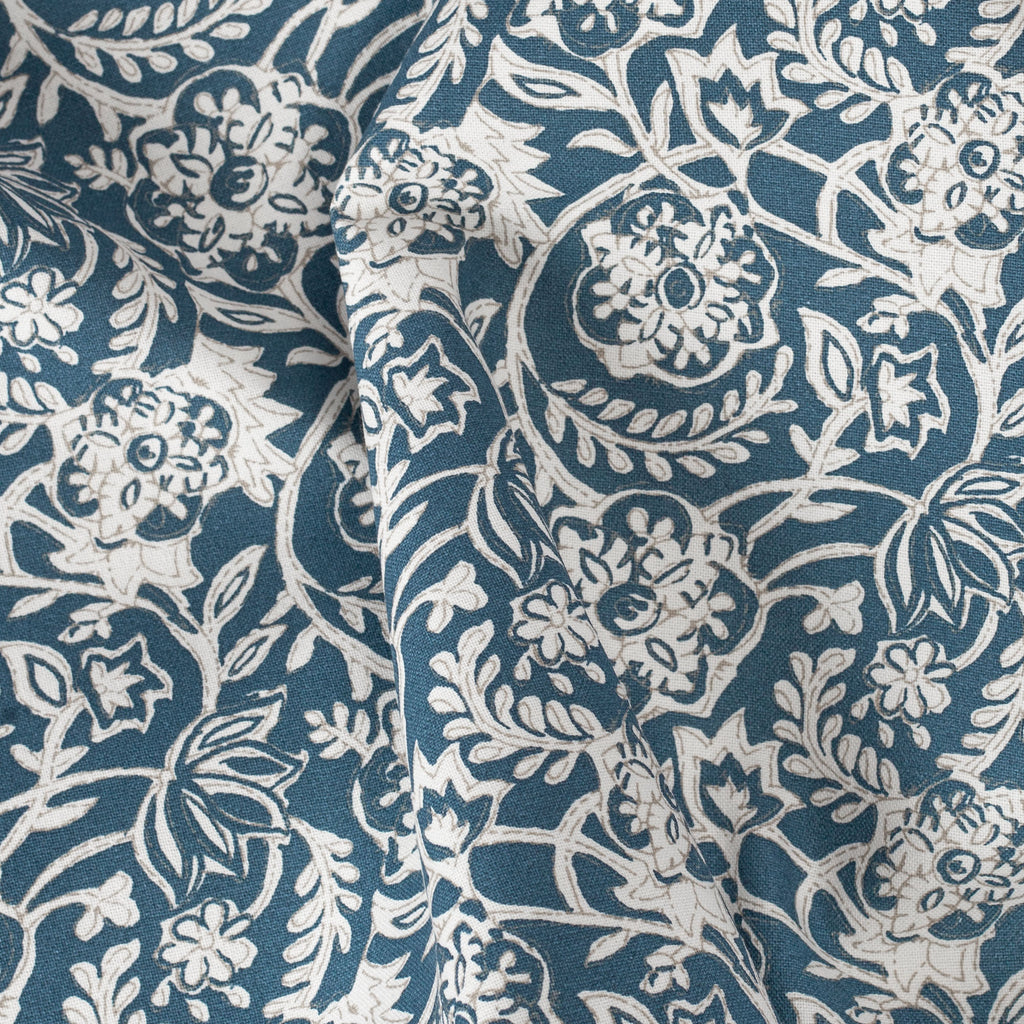 Padma Indigo, a navy blue and cream tapestry block print pattern cotton fabric : detailed view