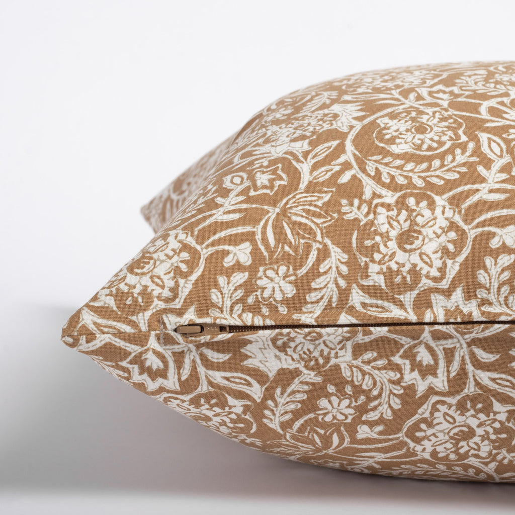 Padma 20x20 Pillow, Nutmeg, a caramel brown and cream tapestry block print pattern cotton pillow : zipper detail