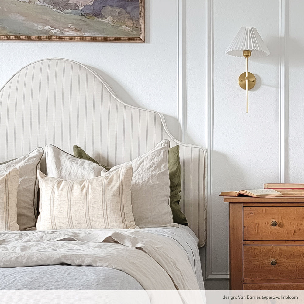 cream bedroom with upholstered headboard using Farina Stripe fabric from Tonic Living