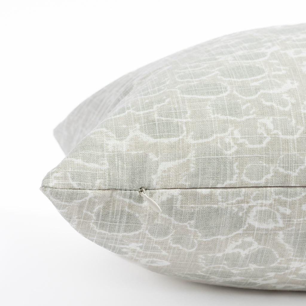 a watery mineral green abstract print bolster bed pillow : close up invisible zipper view