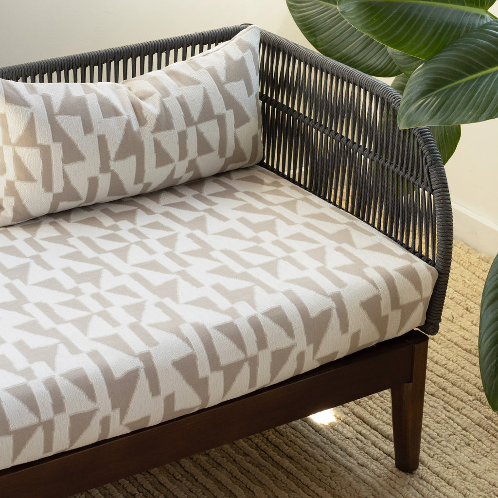 taupe and white geometric indoor outdoor fabric bench cushion and pillow from Tonic Living