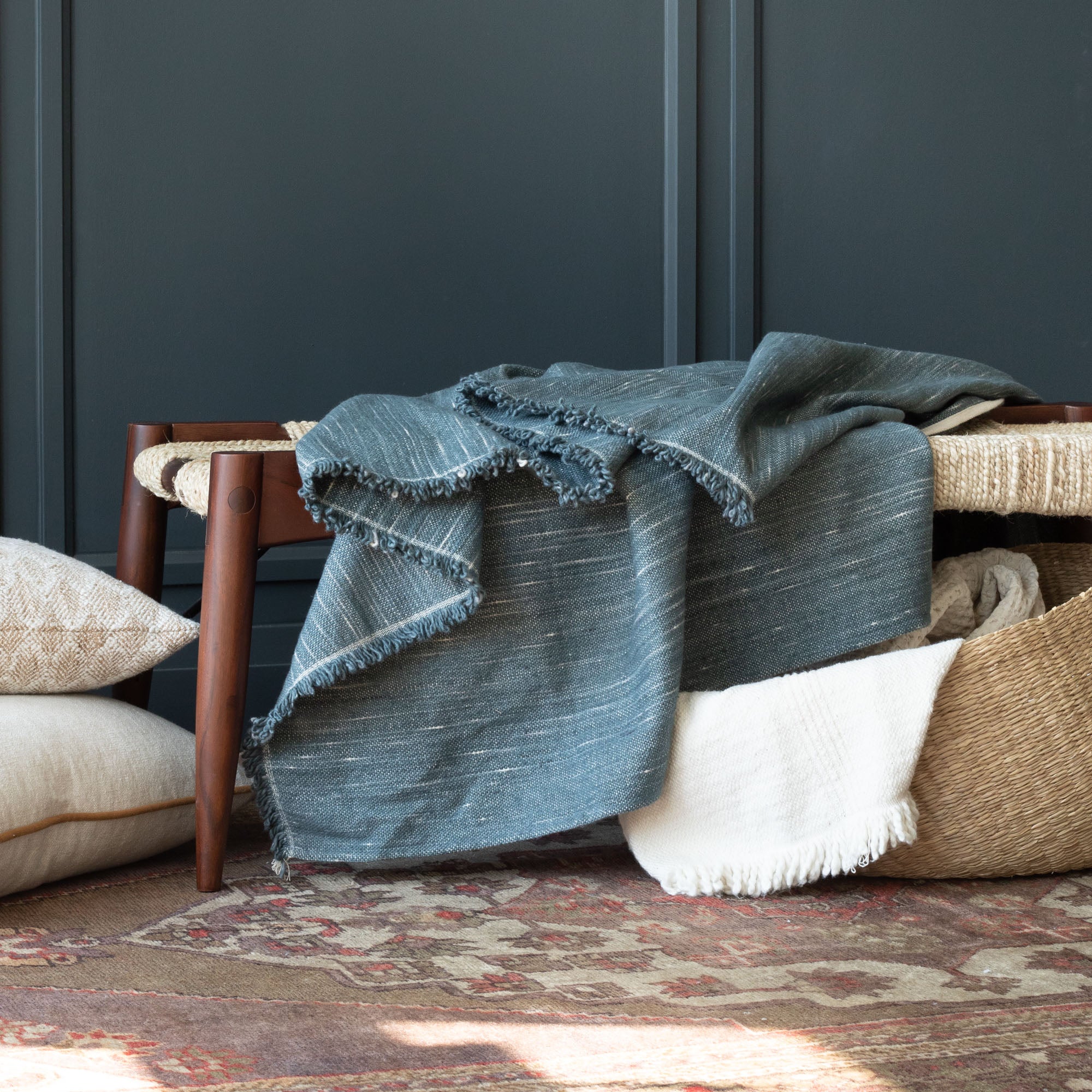 Rafael Stone Blue, a denim blue chunky weave cotton throw blanket from Tonic Living