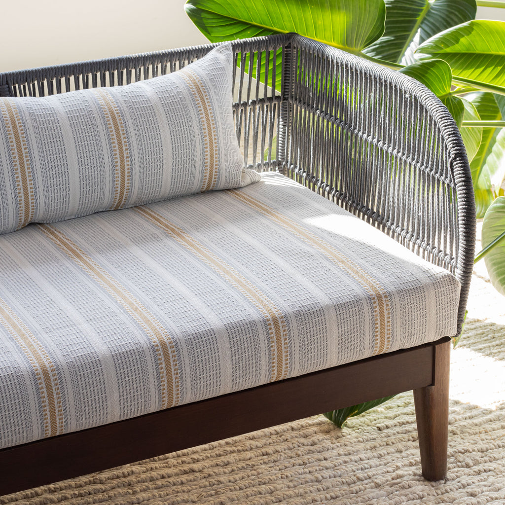 Rhodes cream, gray and yellow stripe indoor outdoor fabric bench and pillow