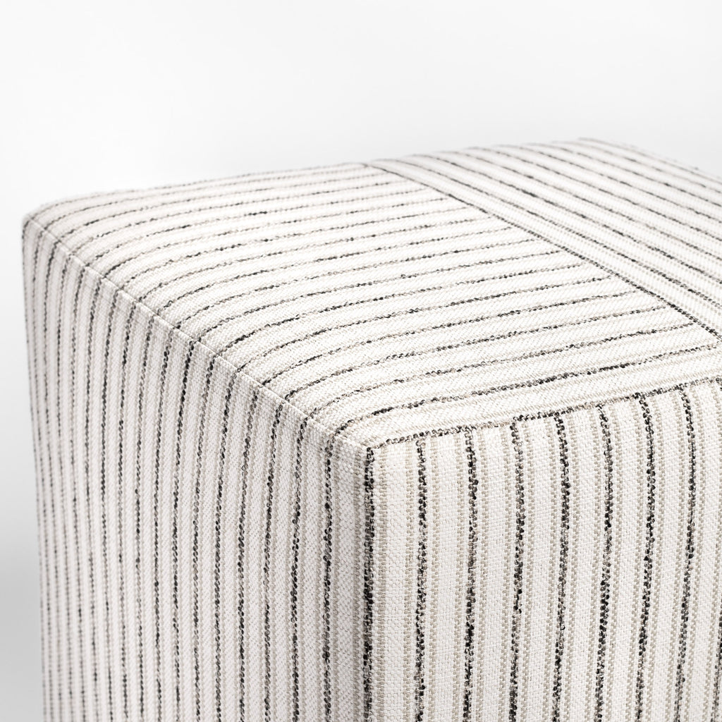 Rodin Stripe cube ottoman, a beige, ivory and grey stripe ottoman : close up of top corner