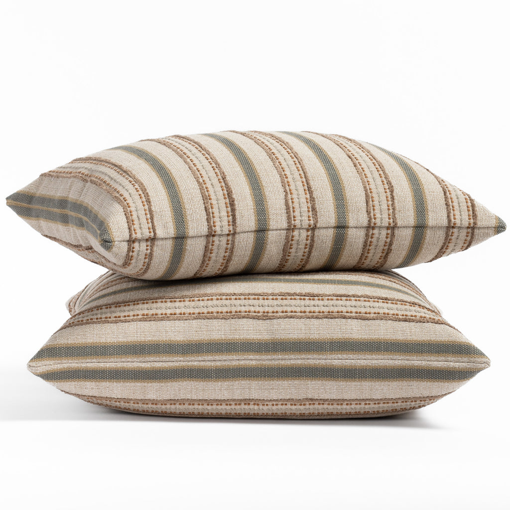 Rosseau Pillows - multi-striped pillows in a variety of earthy tones including rust, gold, smokey blue-grey, mushroom brown and oatmeal