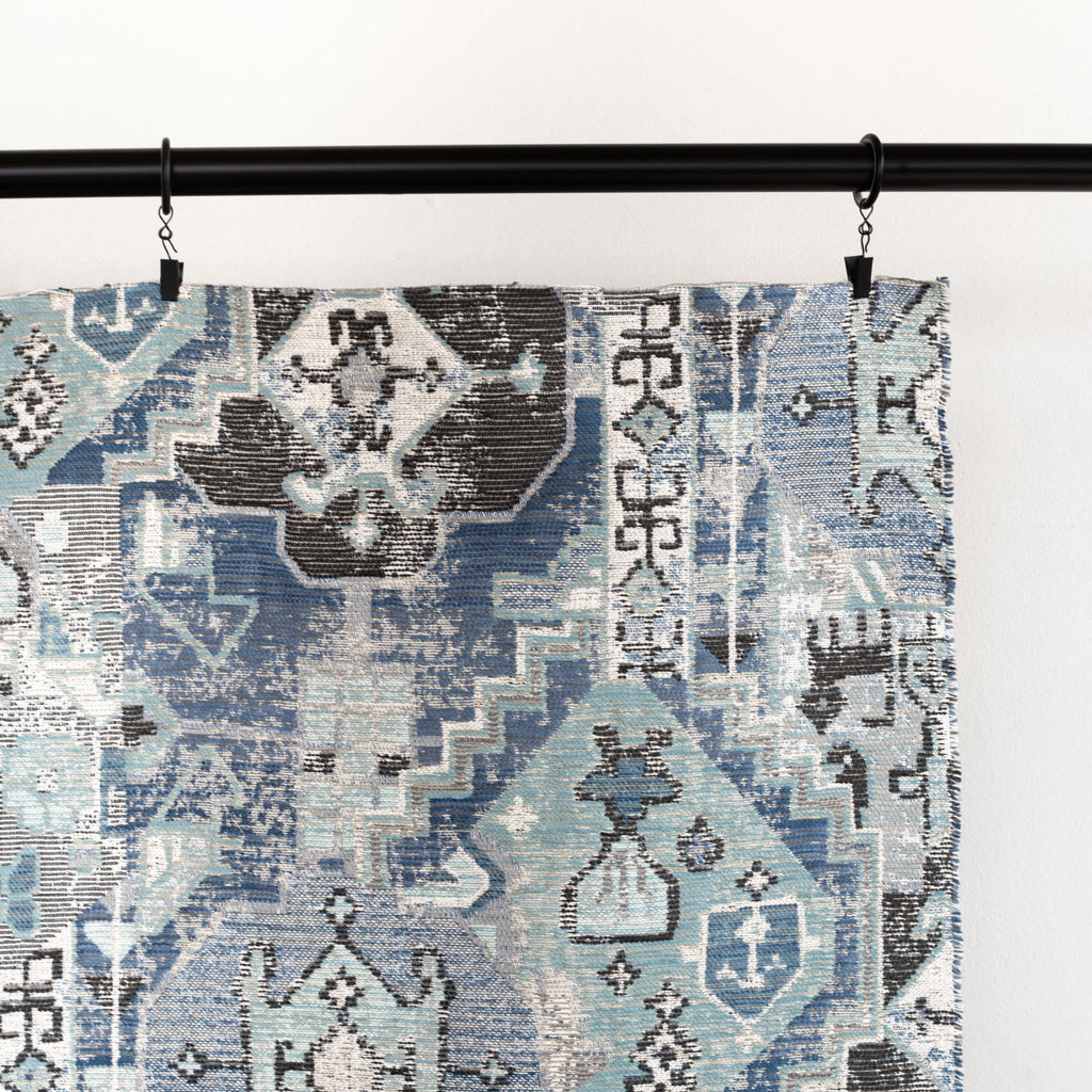 Saro Harbour Blue, a stone blue, aqua and charcoal geometric tapestry patterned upholstery fabric : detail view