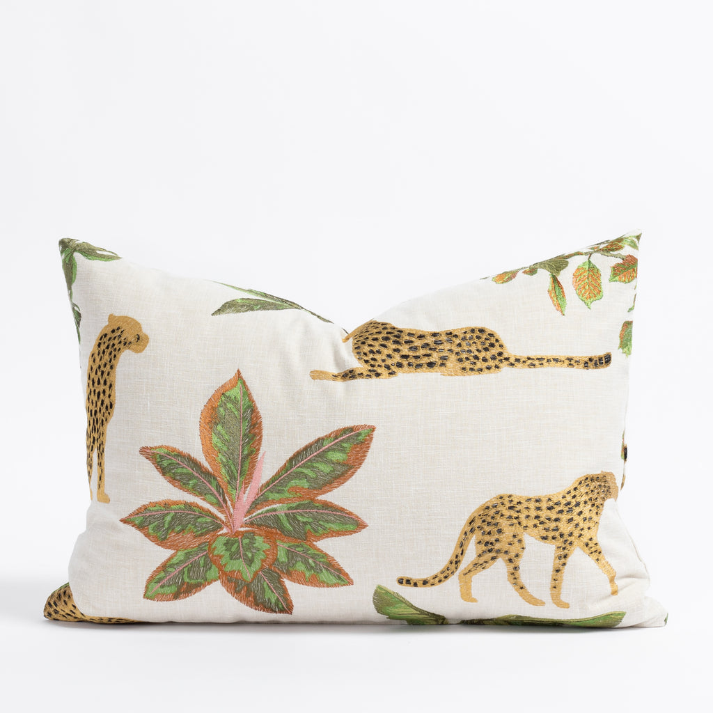 Savanna Topaz Lumbar pillow - an exotic embroidered cheetah and lush greenery accent pillow from Tonic Living