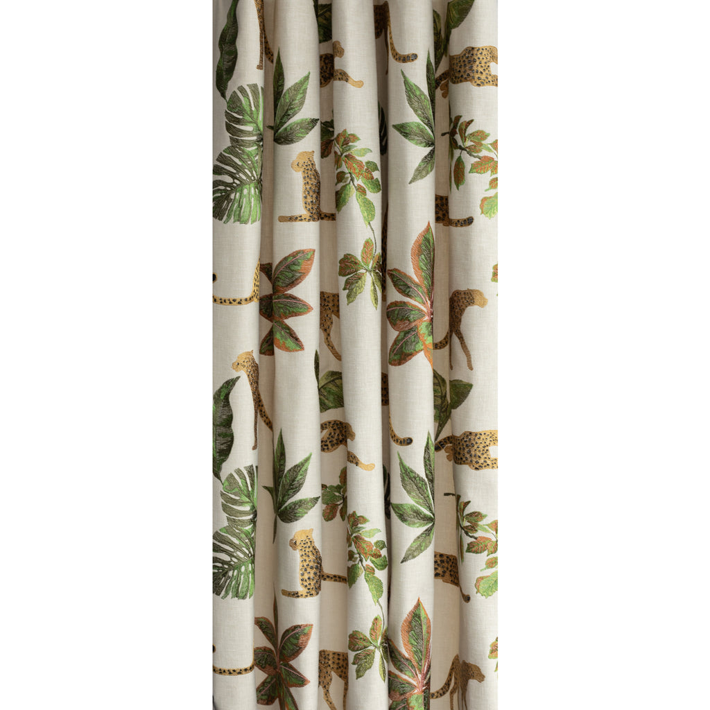 Savanna Topaz: a gold, black and green embroidered cheetah drapery fabric