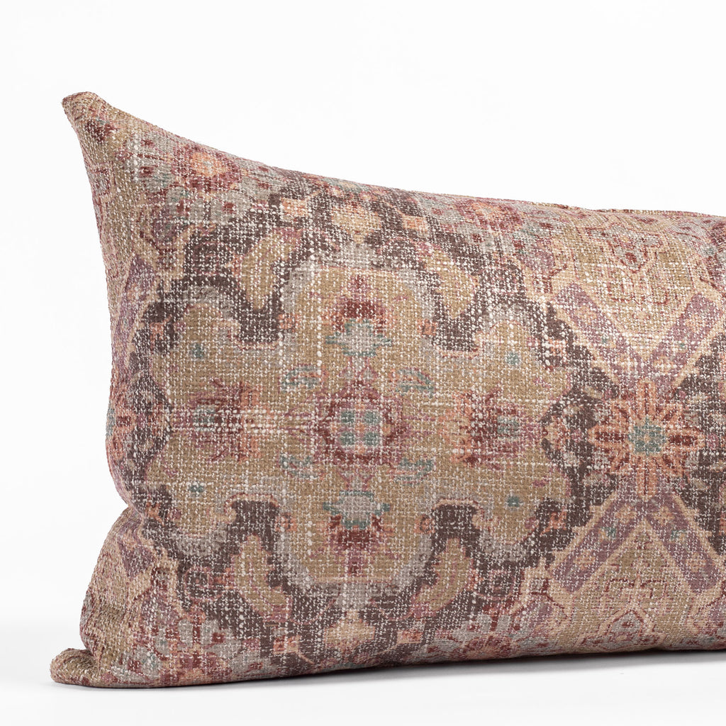 Serafina plum, blush pink, tan and brown medallion tapestry print bolster bed pillow : view 2