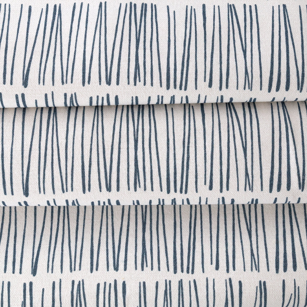 Shelby Fabric, Bluegrass, navy blue and white modern matchstick print