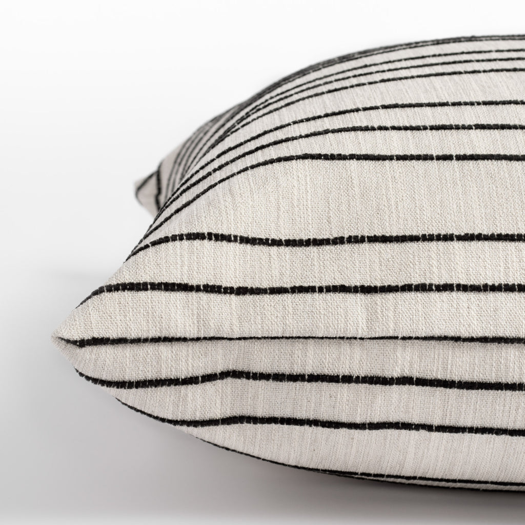 Spar Stripe Pillow, a cream and black horizontal stripe pillow : close up side