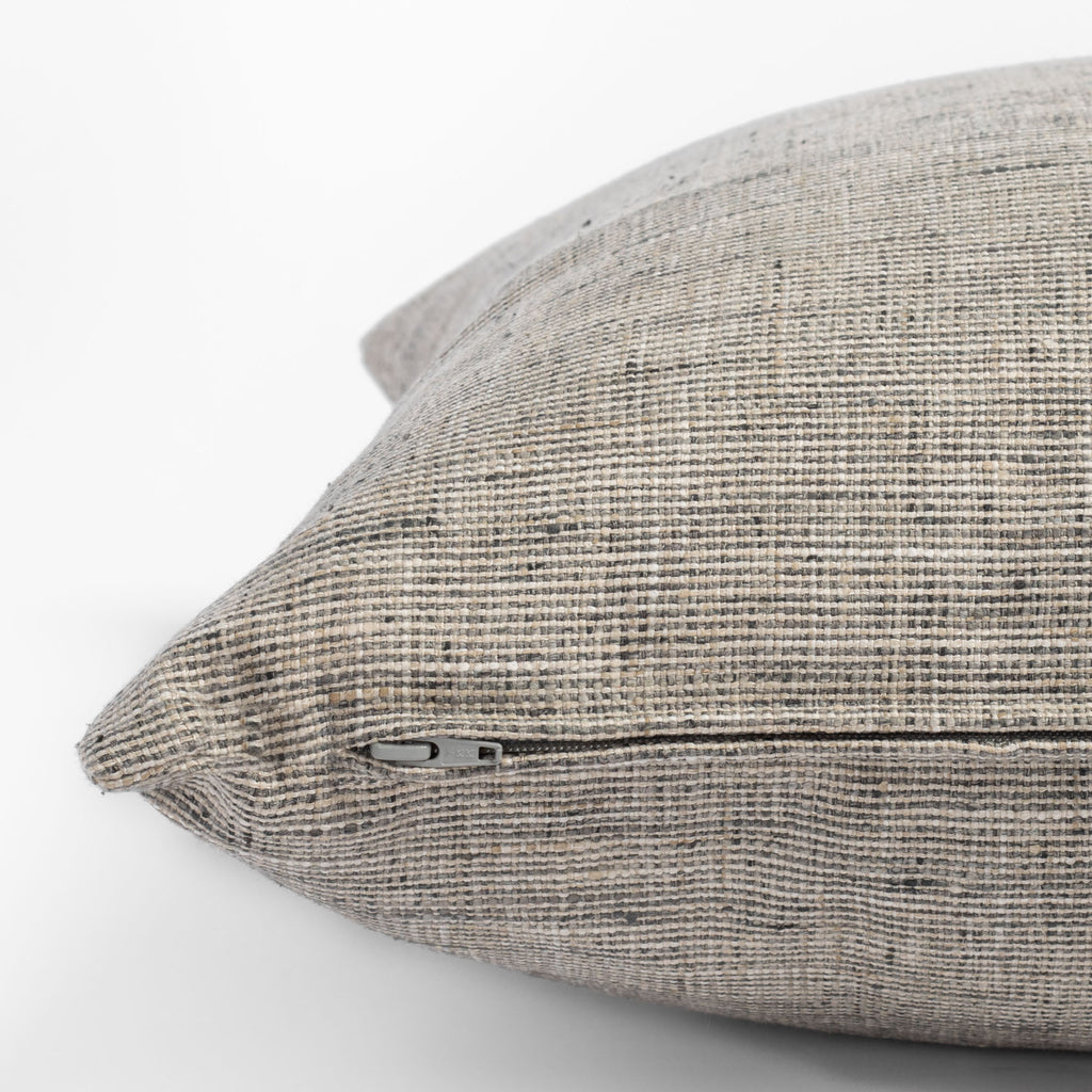 Stanhope Ash, a warm grey neutral pillow : close up zipper view