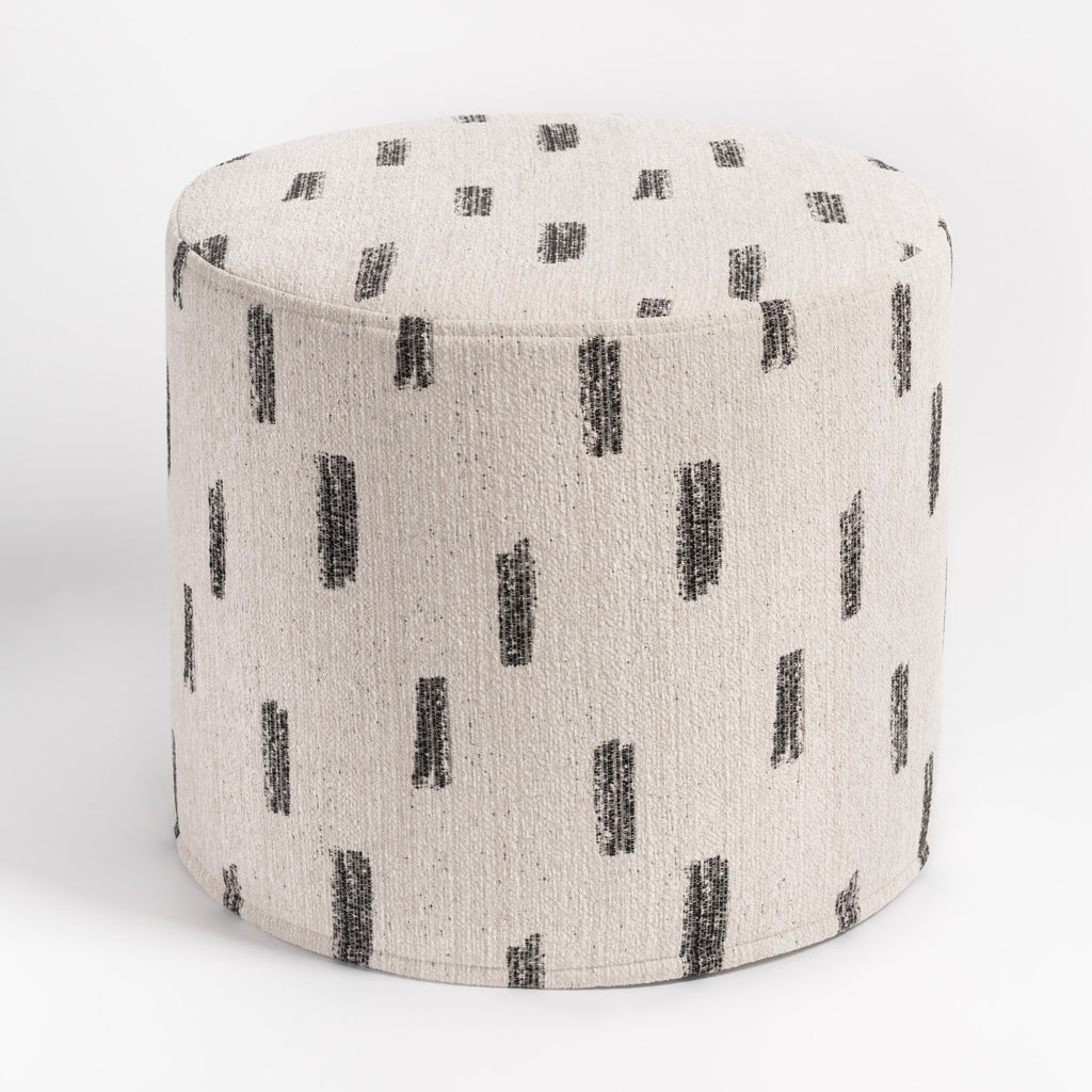 Stratus 18x16 Round Ottoman Cream, a cream with painterly black stroke patterned fabric ottoman from Tonic Living 