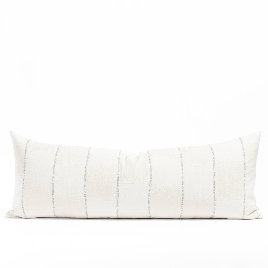 Sutton 16x42 Bolster Pillow Cloud, a chunky light blue stripe and cream patchwork pattern decorative bed pillow from Tonic Living