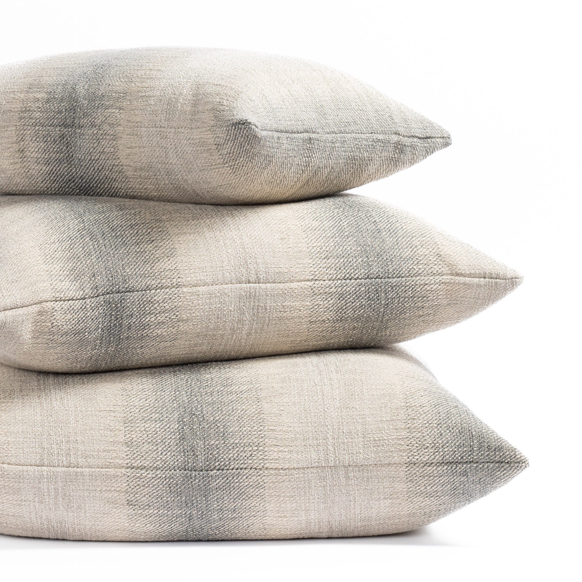 smokey blue and sandy grey ombré stripe throw pillows in three sizes