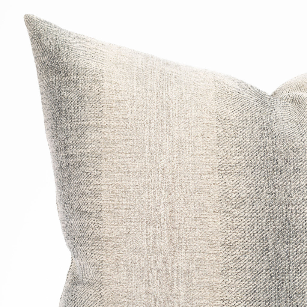 a smokey blue and sandy grey ombré stripe throw pillow : close up view