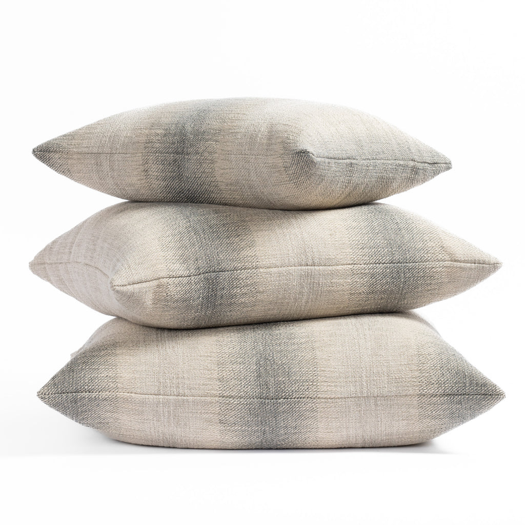 Tahoe Blue Smoke Throw pillows : smokey blue and sandy gray ombré stripe throw pillows in three sizes