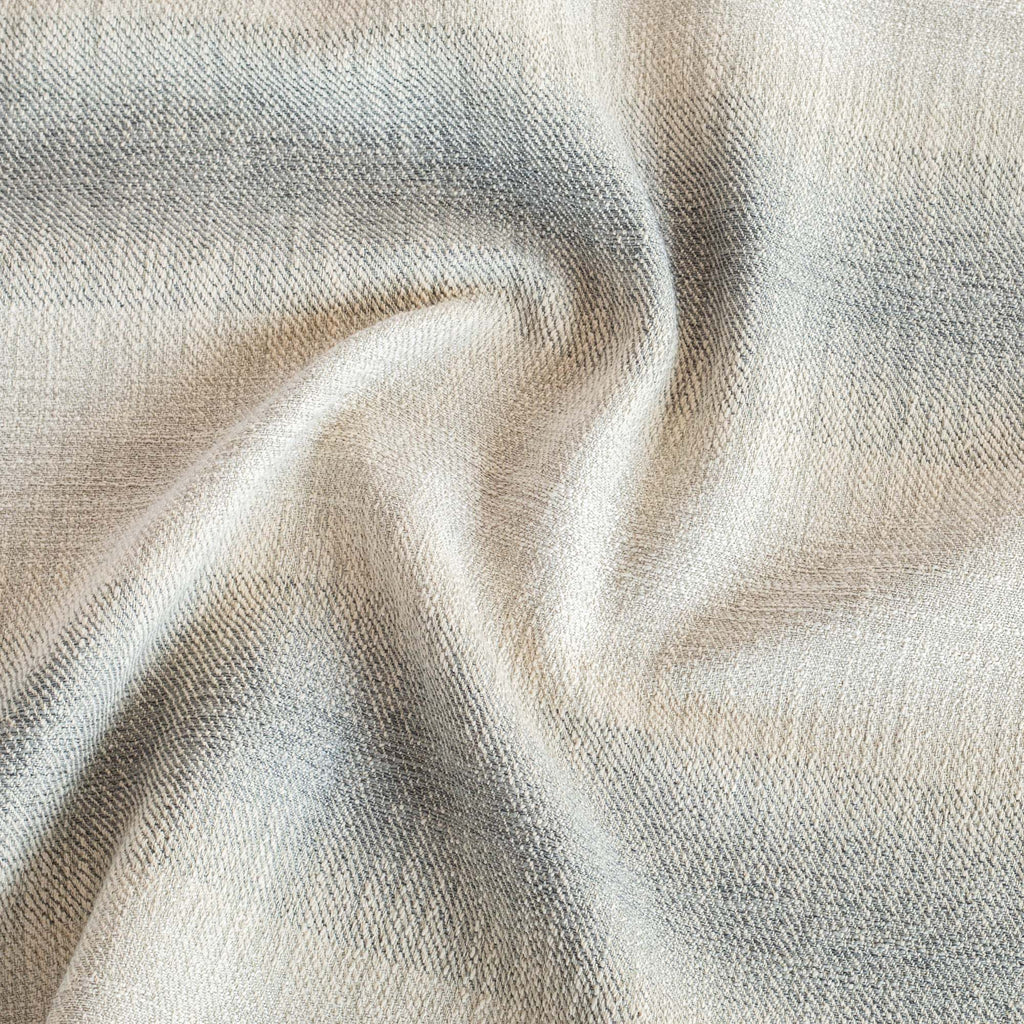 Tahoe Blue Smoke, a denim blue and sandy grey wide ombre stripe upholstery fabric from Tonic Living 