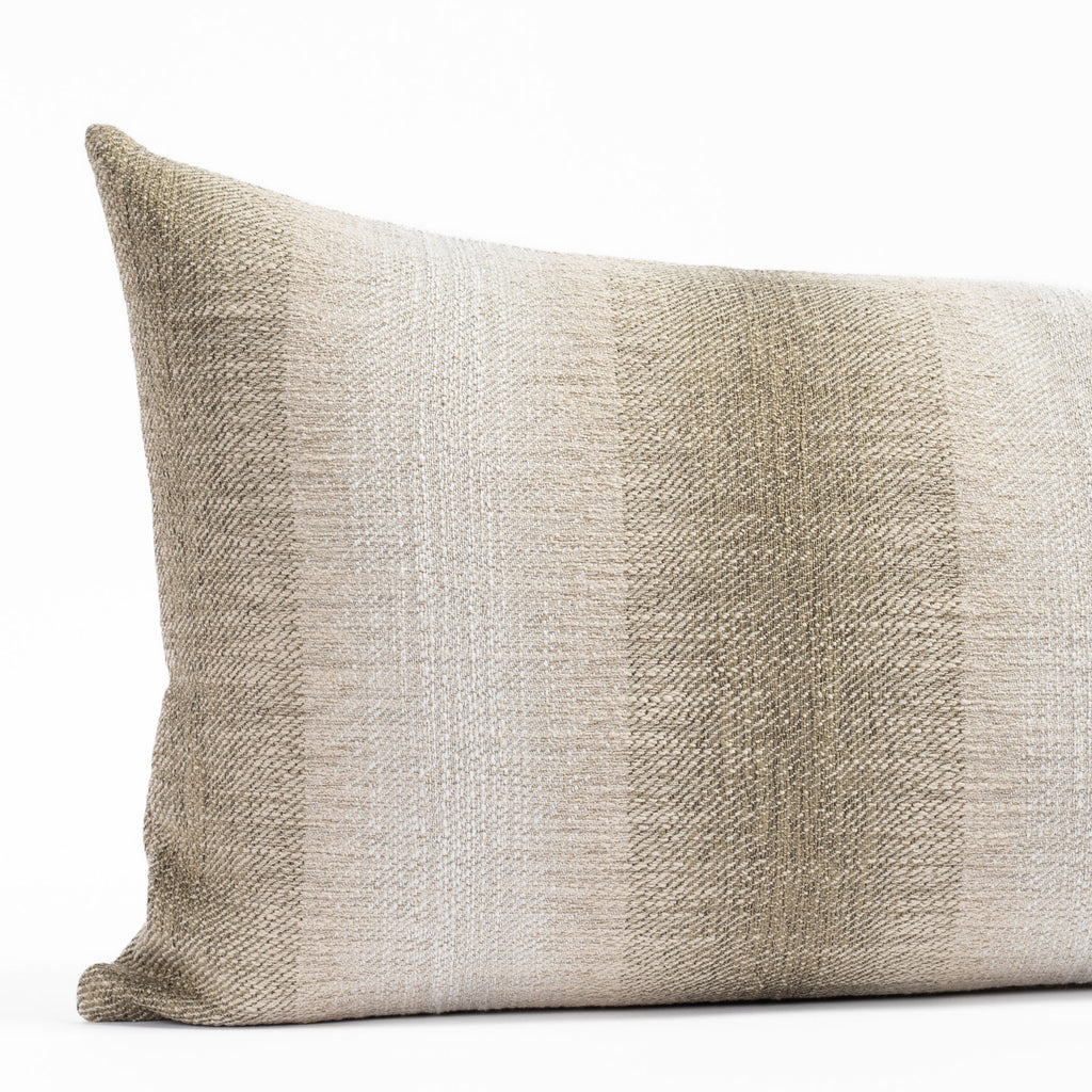 a mossy green and oatmeal earthy ombré stripe extra long lumbar bed pillow : close up view