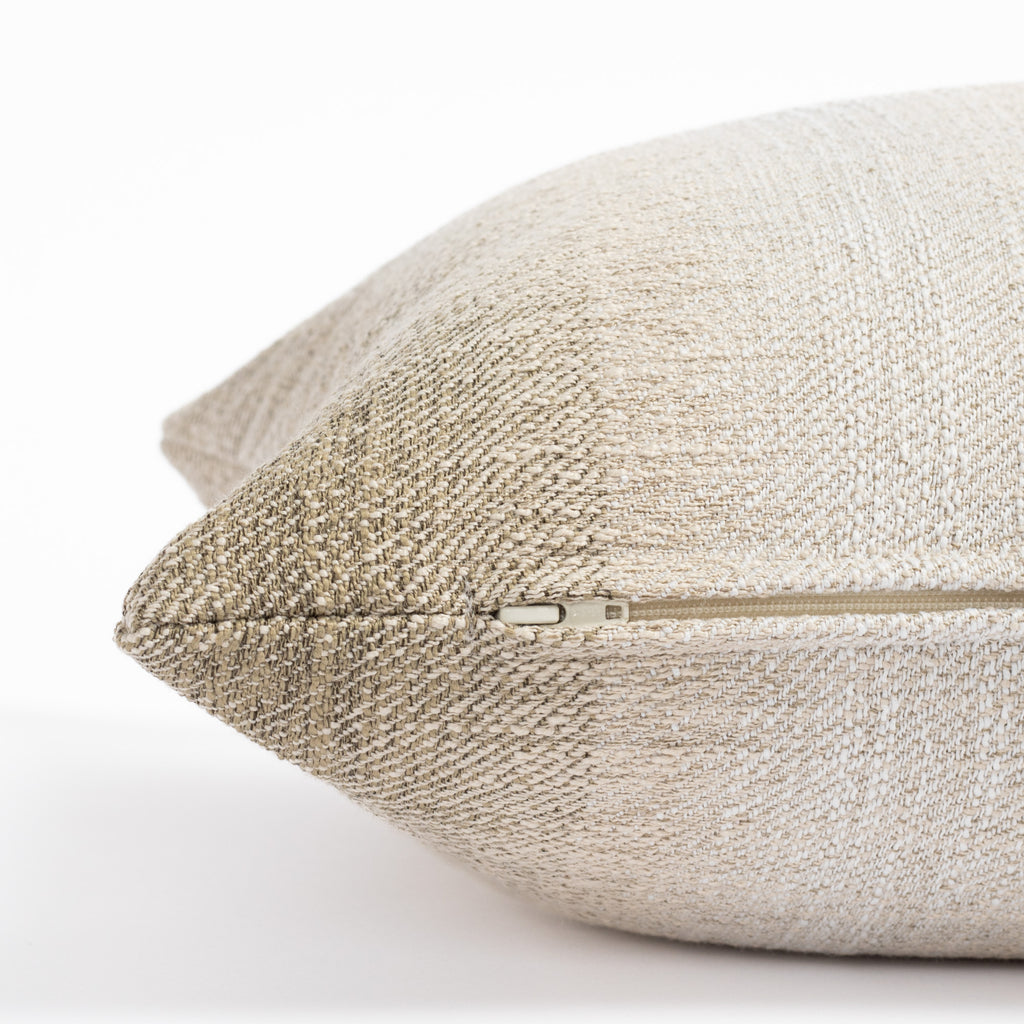 a mossy green and oatmeal earthy ombré stripe extra long lumbar bed pillow : close up zipper view