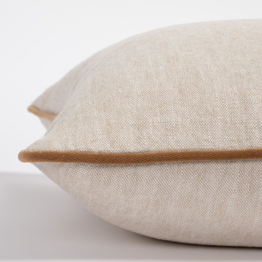 oatmeal beige throw pillow with nutmeg brown velvet piping : side view