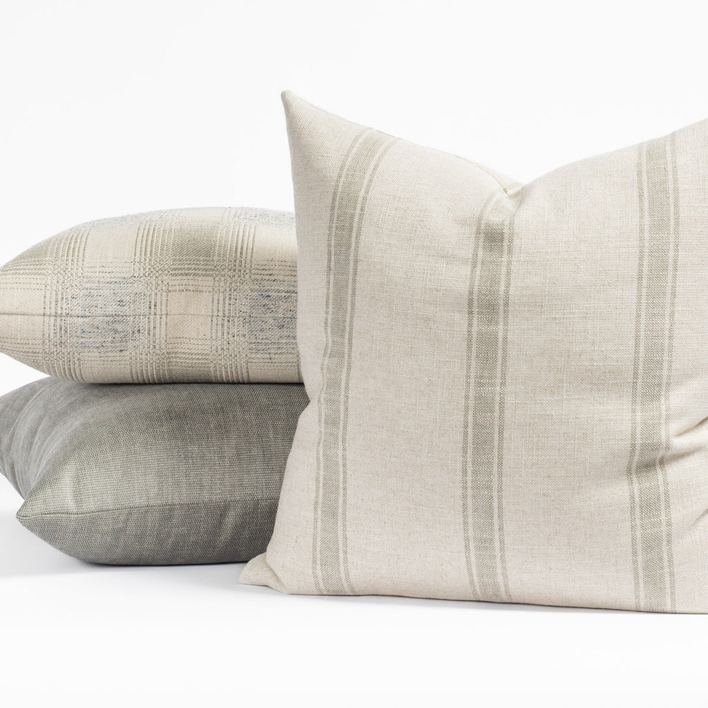 Tonic Living Pillows : Theo Stripe , Cove, Remy throw pillow combination in muted blue green, grey and oatmeal cream tones