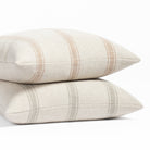 Theo Stripe casual farmhouse, vintage grain sack inspired throw pillows in Lake and Rust colourways 