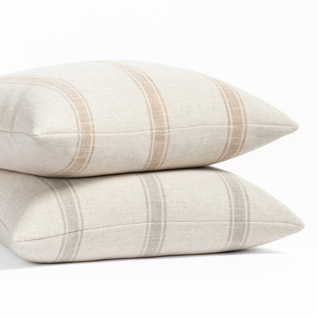 Theo Stripe casual farmhouse, vintage grain sack inspired throw pillows in Lake and Rust colourways 