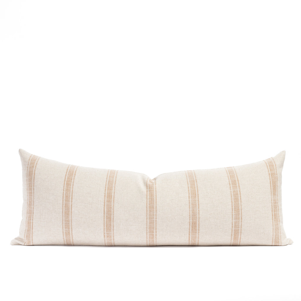 Theo Stripe 16x42 Bolster Pillow, a faded rust and cream wide vertical ticking stripe bolster bed pillow from Tonic Living
