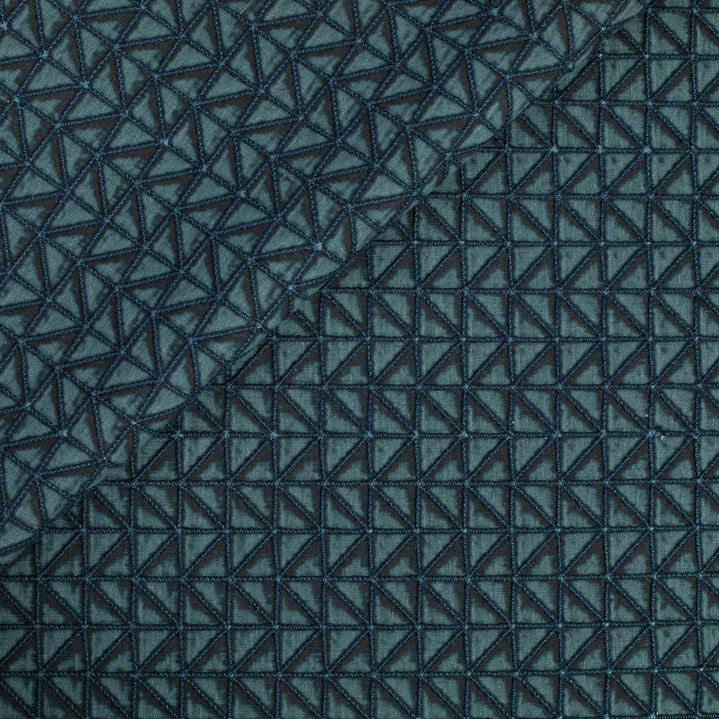 Torello Aegean, a teal blue geometric zig zag embroidered pattern fabric from Tonic Living 