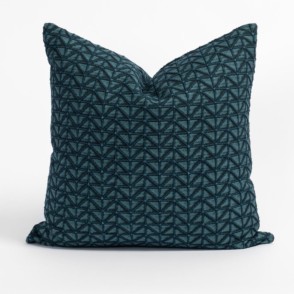 Torello Aegean Pillow, a teal blue geometric zig zag embroidered pattern pillow from Tonic Living 