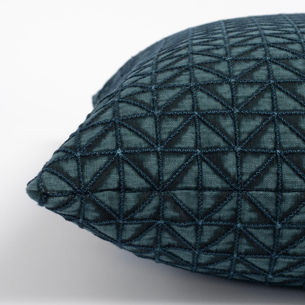 Torello Aegean Pillow, a teal blue geometric zig zag embroidered pattern pillow : close up side