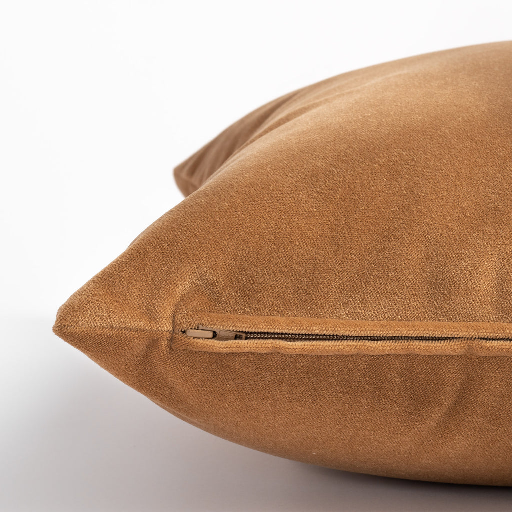 Valentina Velvet Nutmeg Pillow, a camel coloured velvet pillow : close up zipper side