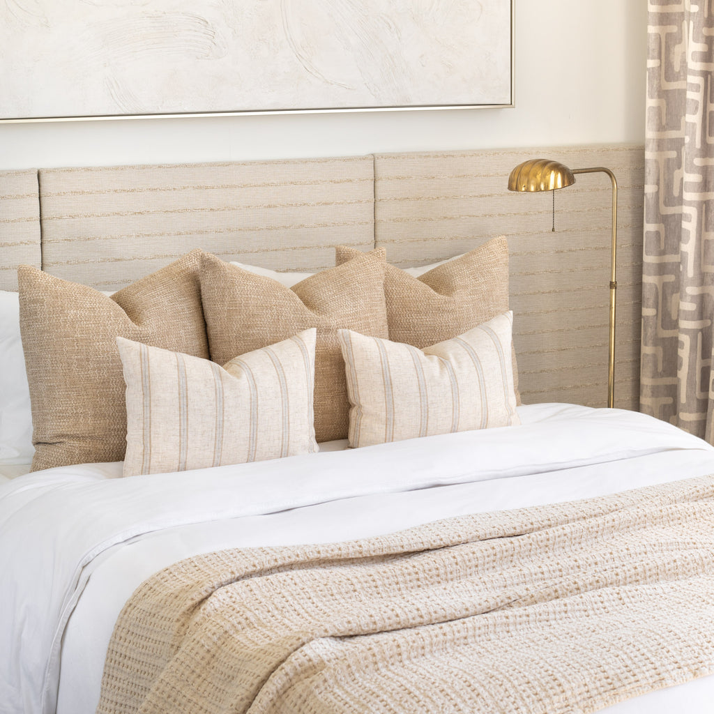 Neutral Bed pillow combination : Yarmouth Stripe Sandstone lumbars with Taryn Natural pillows and Lena Natural  Throw blanket