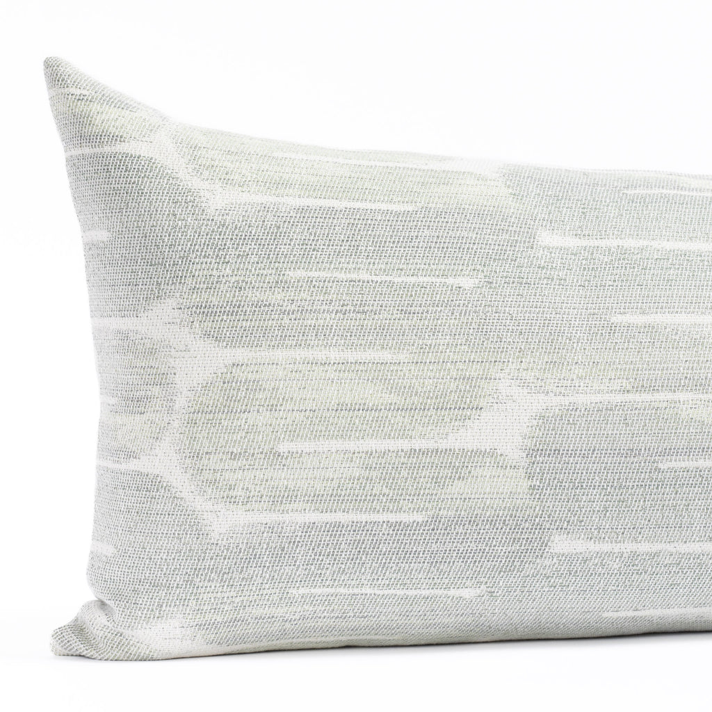 a watery blue green and white painterly swirl graphic pattern bolster pillow : close up view