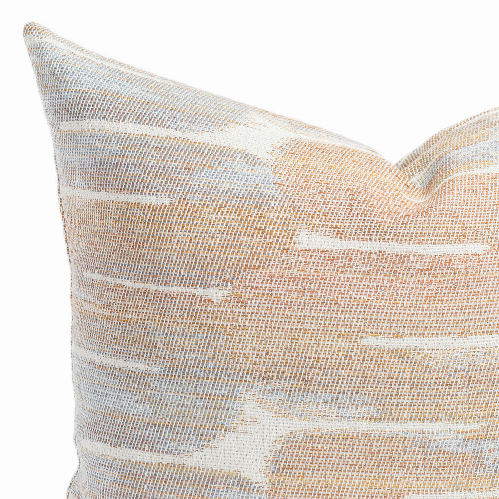 a sunset orange, blue, terracotta and cream graphic swirl pattern throw pillow : close up view