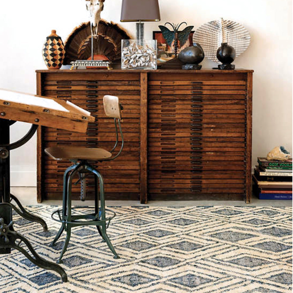 Zinnia a Dash and Albert graphic blue and natural jute rug at Tonic Living