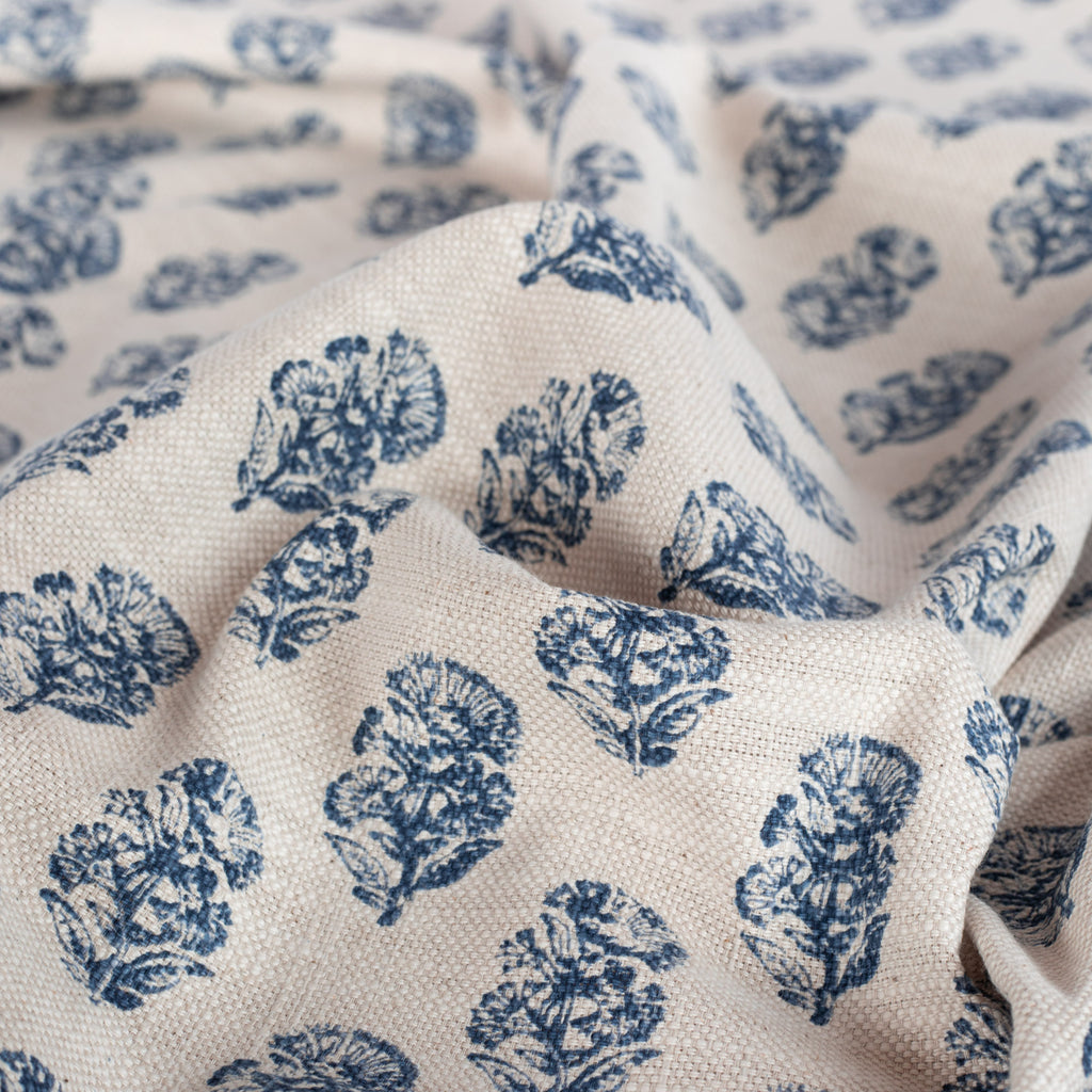 Zola Block Print Indigo, a block print style blue floral pattern fabric : view 3